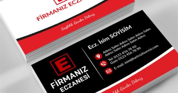 Siyah ve kırmızı renkli modern eczane kartviziti